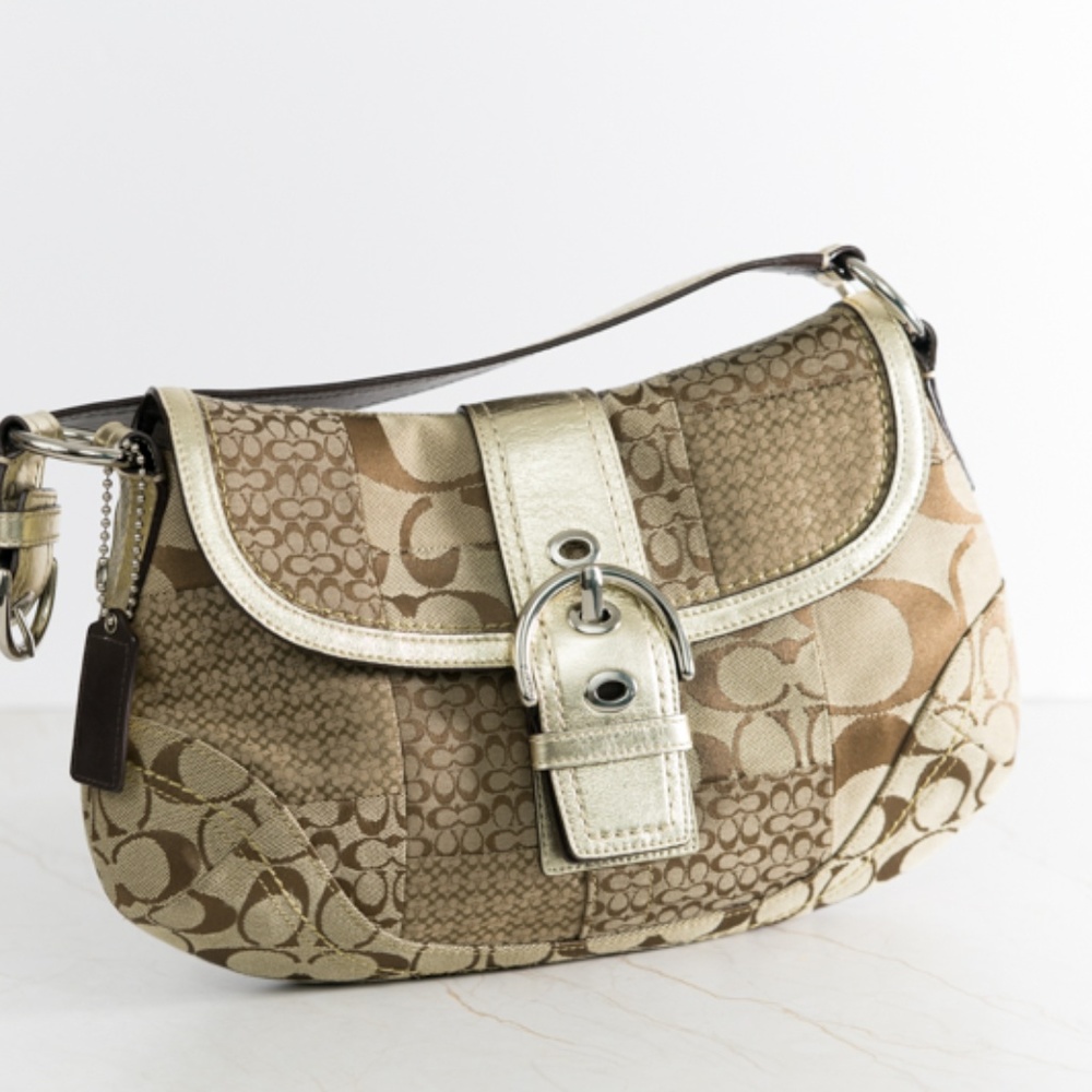 Signature Brown Canvas Gold Coach Shoulder Purse